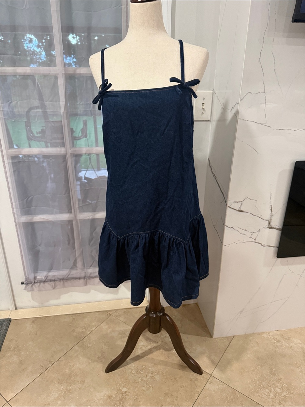Avec Les Filles Navy Ruffle-Hem Mini Skirt with Spaghetti Straps